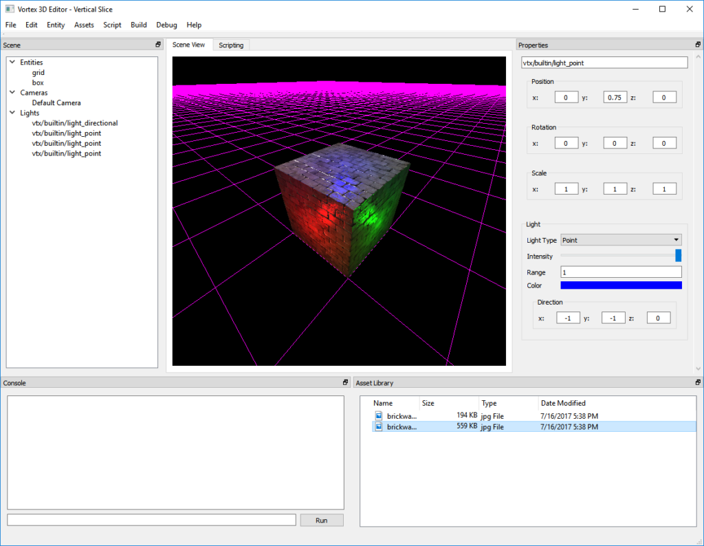 Vortex Engine 3.0 - Our trusty old friend, the test cube, being lit by 3 realtime deferred point lights.
